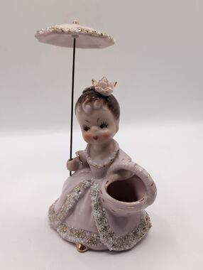 Vintage UCAGCO Japan MCM Ceramic Girl With Parasol / Umbrella & Basket Figurine